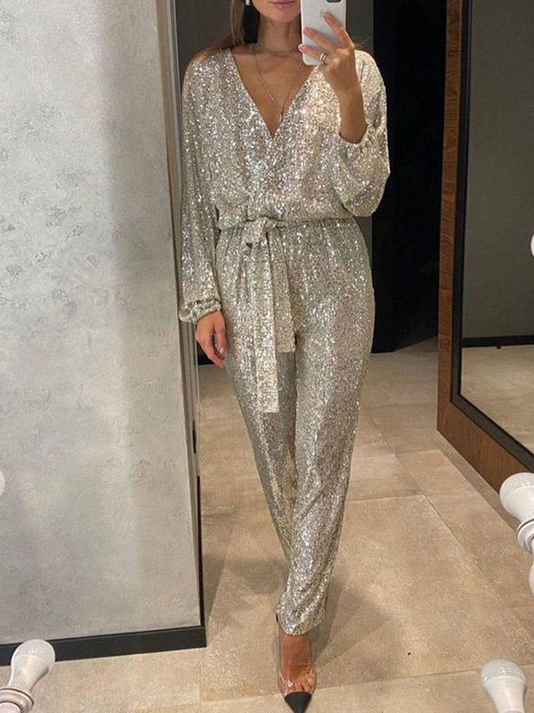 Cocolii combinaisons v-cou brillante paillette ceinture décolleté plongeant manches longues femme élégant mode casual noël