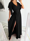 Cocolii robe longue v-cou fendu le côté fluide ceinture manches courtes femme élégant de soirée bal de promo