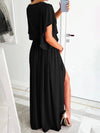 Cocolii robe longue v-cou fendu le côté fluide ceinture manches courtes femme élégant de soirée bal de promo