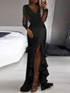 Cocolii robe longue v-cou brillante paillette fendu le côté à volantée manches longues femme élégant de soirée cérémonie