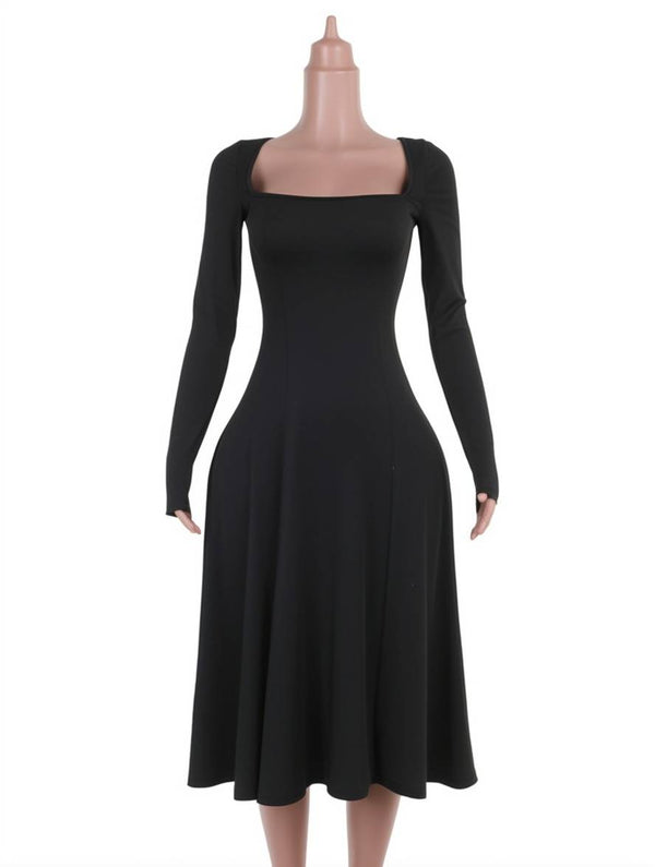 Cocolii robe longue fendu le côté à volantée col carré manches longues femme élégant décontracté bal de promo