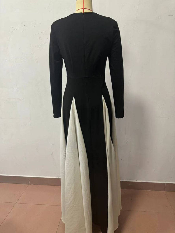 Cocolii robe longue blanche noir couleur bloc col rond manches longues femme élégant décontracté de soirée