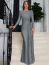 Cocolii robe longue moulante unicolore col rond manches longues femme élégant de soirée invité mariage