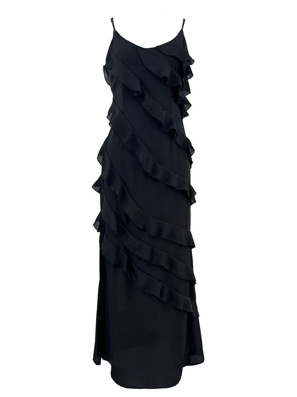 Cocolii robe longue moulante mousseline fendu à volantée décolleté dos à fines brides v-cou sans manches femme de soirée mariage