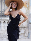 Cocolii robe longue moulante mousseline fendu à volantée décolleté dos à fines brides v-cou sans manches femme de soirée mariage