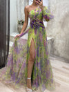 Cocolii robe longue imprimé à fleurie tulle fendu une épaule manches bishop manches longues femme élégant de soirée
