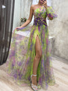 Cocolii robe longue imprimé à fleurie tulle fendu une épaule manches bishop manches longues femme élégant de soirée
