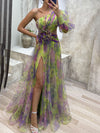 Cocolii robe longue imprimé à fleurie tulle fendu une épaule manches bishop manches longues femme élégant de soirée