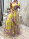 Cocolii robe longue imprimé à fleurie tulle fendu une épaule manches bishop manches longues femme élégant de soirée