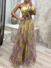 Cocolii robe longue imprimé à fleurie tulle fendu une épaule manches bishop manches longues femme élégant de soirée