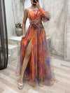Cocolii robe longue imprimé à fleurie tulle fendu une épaule manches bishop manches longues femme élégant de soirée