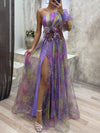 Cocolii robe longue imprimé à fleurie tulle fendu une épaule manches bishop manches longues femme élégant de soirée