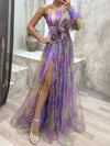 Cocolii robe longue imprimé à fleurie tulle fendu une épaule manches bishop manches longues femme élégant de soirée