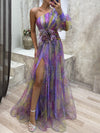 Cocolii robe longue imprimé à fleurie tulle fendu une épaule manches bishop manches longues femme élégant de soirée