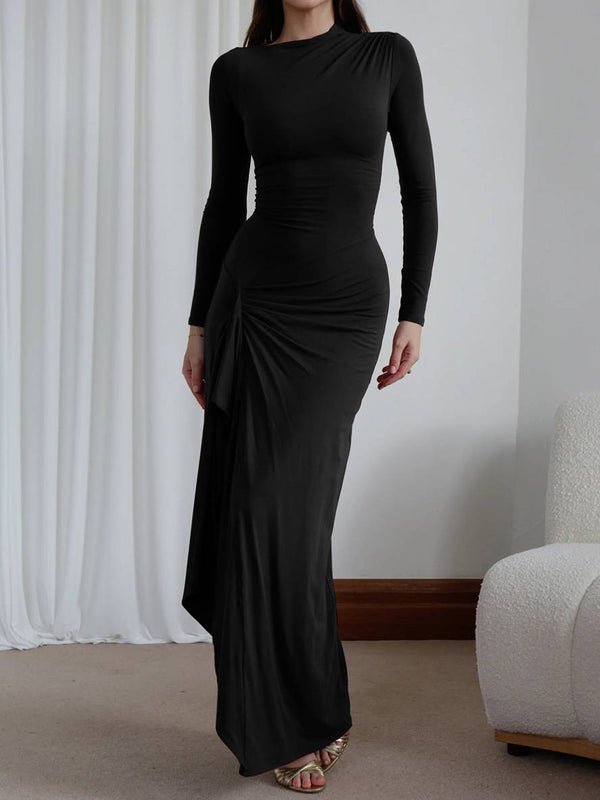 Cocolii robe longue moulante fendu le côté col rond irrégulière femme élégant décontracté cérémonie bal de promo