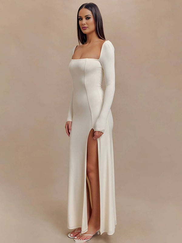 Cocolii robe longue moulante fendu le côté dos nu col carré manches longues femme élégant décontracté bal de promo