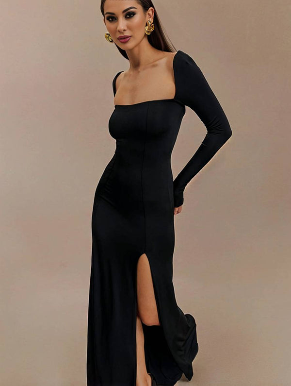 Cocolii robe longue moulante fendu le côté dos nu col carré manches longues femme élégant décontracté bal de promo
