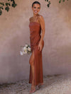 Cocolii robe demoiselle d'honneur satin moulante fendu à fines brides femme élégant de soirée pour mariage champetre