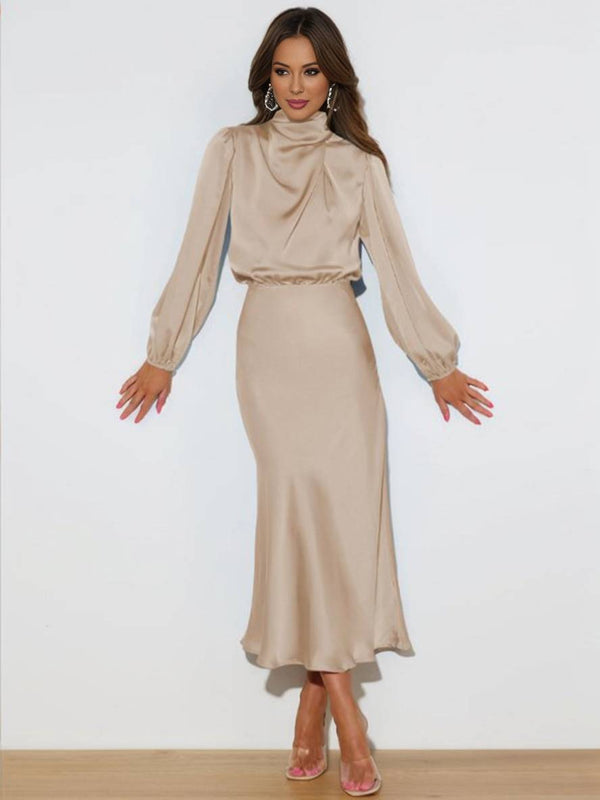 Cocolii robe longue en satin col roulé manches longues femme élégant invité mariage de fete de soirée cérémonie