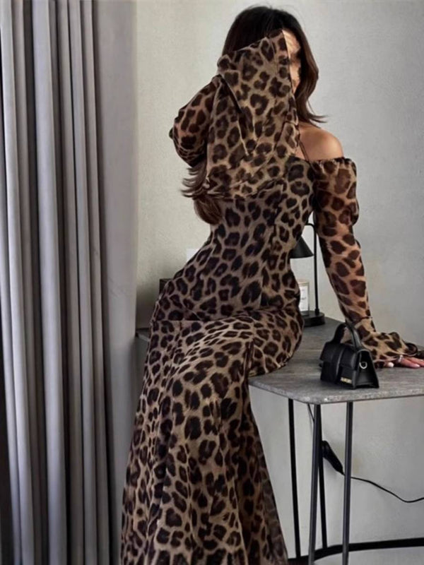 Cocolii robe longue mousseline léopard épaule dénudée licou dos nu manches évasées manches longues femme élégant bal de promo