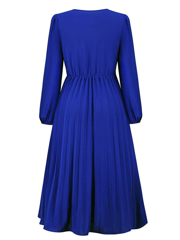 Cocolii robe longue trapèze plissé v-cou ceinture manches longues femme élégant vintage de soirée bal de promo