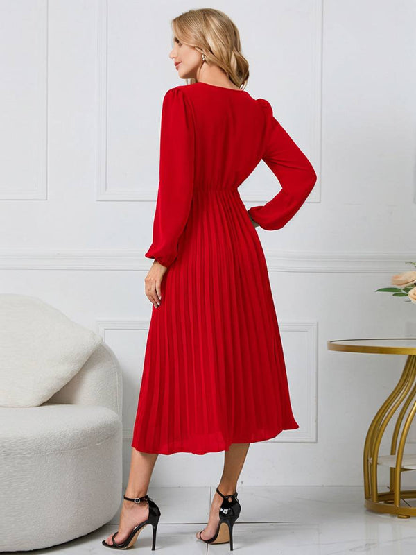 Cocolii robe longue trapèze plissé v-cou ceinture manches longues femme élégant vintage de soirée bal de promo