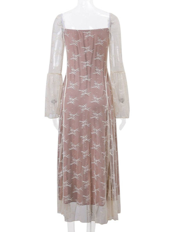Cocolii robe longue dentelle bustier col carré manches évasées manches longues élégant vintage bal de promo