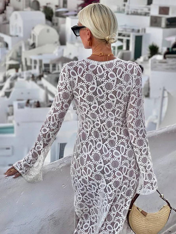 Cocolii robe longue en dentelle fendu le côté brodée v-cou manches évasées manches longues transparent femme décontracté de plage
