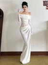 Cocolii robe longue moulante tulle avec épaules dénudées manches longues maille et effet ajouré décontracté robe de bal