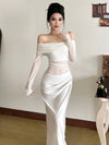 Cocolii robe longue moulante tulle avec épaules dénudées manches longues maille et effet ajouré décontracté robe de bal