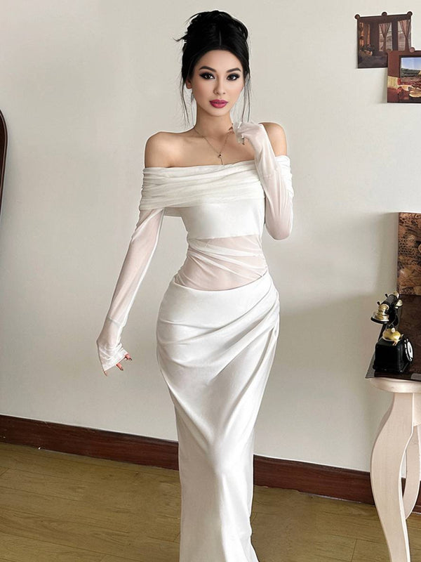 Cocolii robe longue moulante tulle avec épaules dénudées manches longues maille et effet ajouré décontracté robe de bal