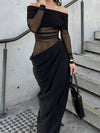 Cocolii robe longue moulante tulle avec épaules dénudées manches longues maille et effet ajouré décontracté robe de bal