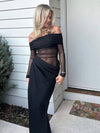 Cocolii robe longue moulante tulle avec épaules dénudées manches longues maille et effet ajouré décontracté robe de bal