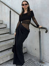 Cocolii robe longue moulante tulle avec épaules dénudées manches longues maille et effet ajouré décontracté robe de bal