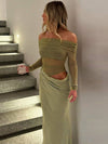 Cocolii robe longue moulante tulle avec épaules dénudées manches longues maille et effet ajouré décontracté robe de bal