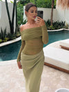 Cocolii robe longue moulante tulle avec épaules dénudées manches longues maille et effet ajouré décontracté robe de bal