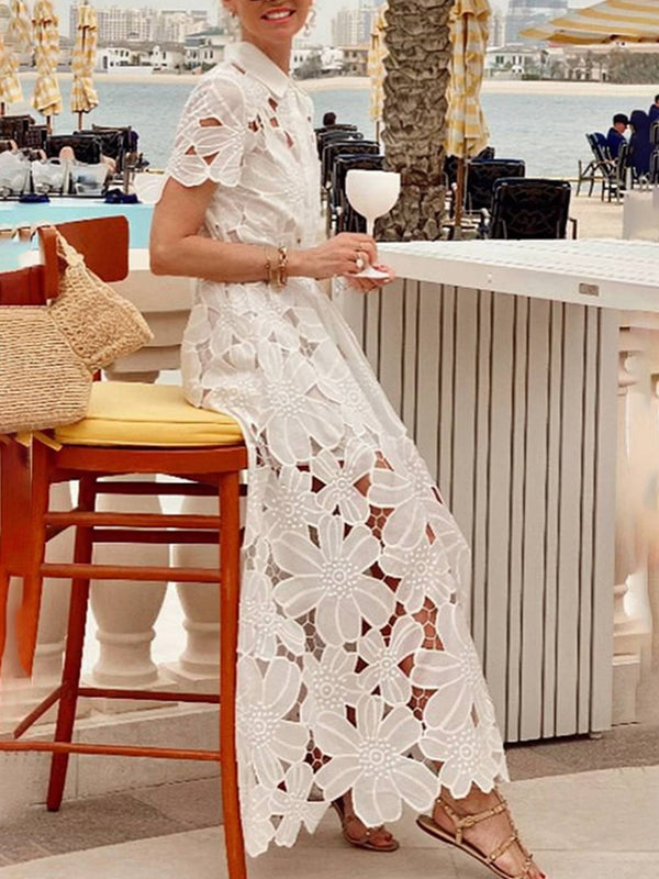 Cocolii robe longue dentelle boutonnage ceinture col chemise manches courtes femme élégant style tailleur décontracté