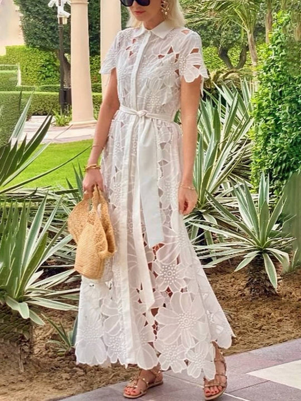 Cocolii robe longue dentelle boutonnage ceinture col chemise manches courtes femme élégant style tailleur décontracté