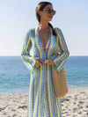 Cocolii robe longue en crochet décolleté plongeant imprimé à fleurie fendu manches longues bohème décontracté de plage pour l'été