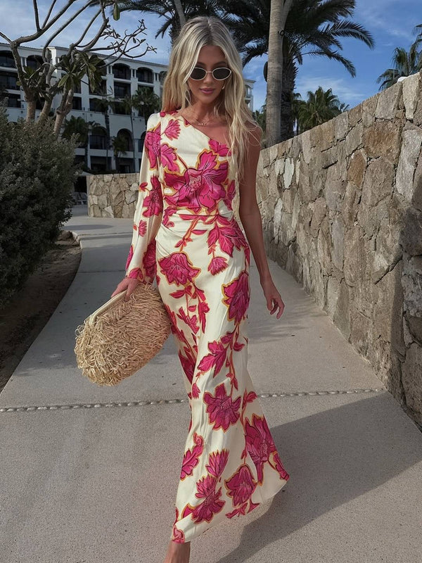 Cocolii robe longue en satin imprimé à fleurie une épaule manches longues élégant décontracté robe de soirée de plage l'été