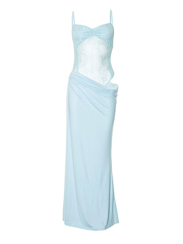 Cocolii robe longue avec bustier en dentelle transparente moulante à fines brides sans manches femme de soirée plage