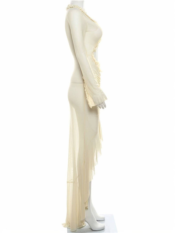 Cocolii longue robe de plage moulante v-cou découpes fendu à volantée manches fendues manches longues boho décontracté