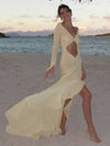 Cocolii longue robe de plage moulante v-cou découpes fendu à volantée manches fendues manches longues boho décontracté