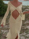 Cocolii longue robe de plage moulante v-cou découpes fendu à volantée manches fendues manches longues boho décontracté