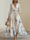 Cocolii robe longue trapèze plissé en mousseline imprimé à fleurie v-cou manches longues élégant vintage de soirée bal de promo