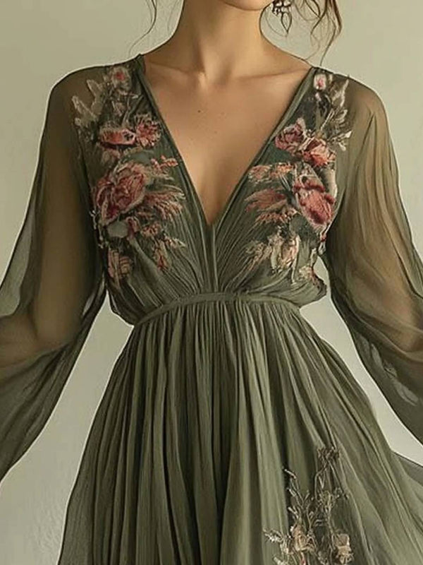 Cocolii robe longue mousseline imprimé à fleurie fluide v-cou manches longues femme décontracté vintage soirée de plage