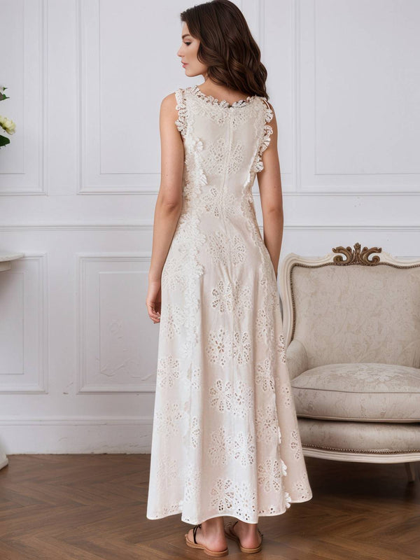 Cocolii robe longue dentelle brodée col carré sans manches femme doux élégant de soirée anniversaire cérémonie de plage