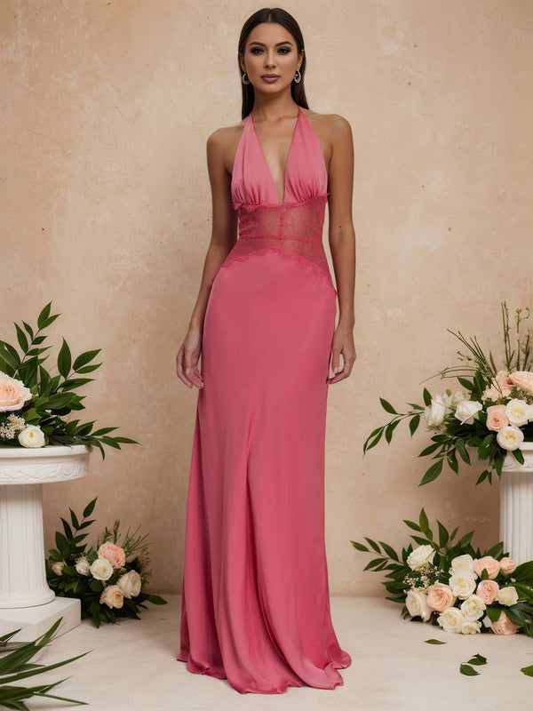 Cocolii robe longue moulante satin dentelle licou v-cou dos nu sans manches femme élégant de soirée pour mariage cérémonie