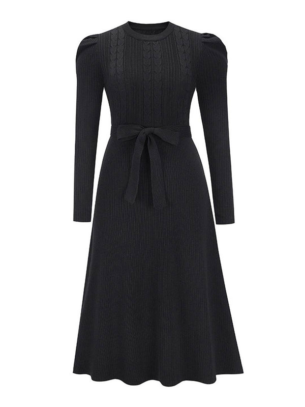 Cocolii robe pull femme en maille trapèze ceinture col rond manches bouffantes manches longues doux élégant d'hiver