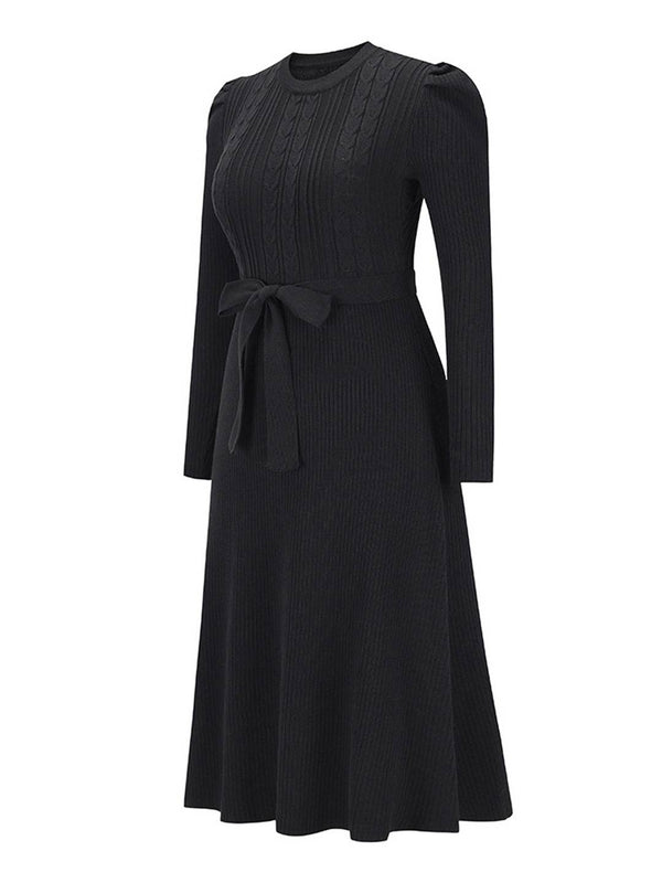 Cocolii robe pull femme en maille trapèze ceinture col rond manches bouffantes manches longues doux élégant d'hiver